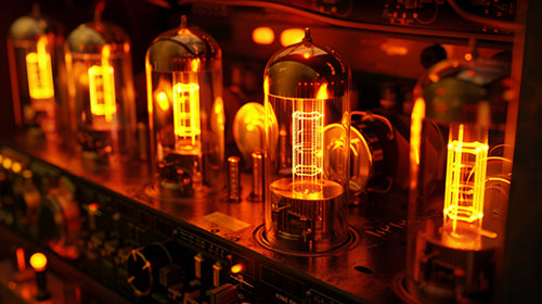 Inside cavity of a tube amplifier, showing the glowing vacuum tubes that give the amp its signature warmth.